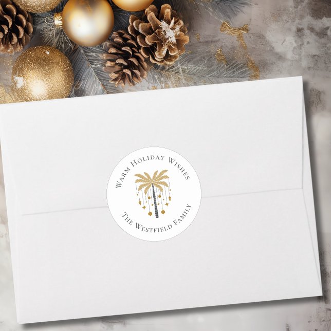 Pegatina Redonda Palm Tree Gold Warm Holiday Wiers (Gold Palm Tree Warm Holiday Wishes Classic Round Sticker)