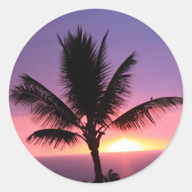 Pegatina Redonda Palm Tree hawaiana y colorido atardecer (Anverso)