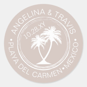 Pegatina Redonda Palm Tree Passport Stamp Beach Wedding Date