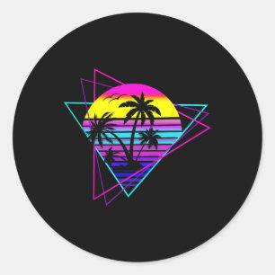 Pegatina Redonda Palm Tree Retro Palm Tree 80 Ochenta Vaca de veran
