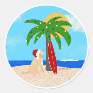 Pegatina Redonda Palm Tree Surf Board Santa Dog Christmas Stickers