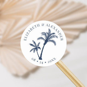 Pegatina Redonda Palm Tree Tropical Beach Wedding Marina Azul