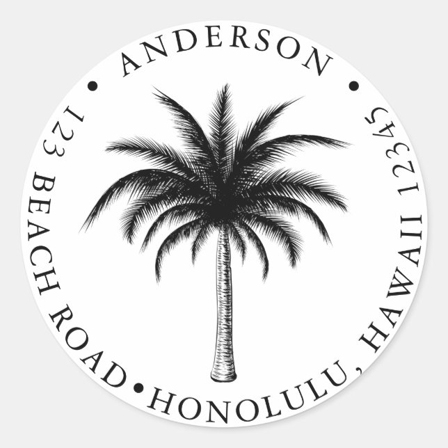 Pegatina Redonda Palm Tree Tropical Dirección de Retorno Moderno Cl (Anverso)