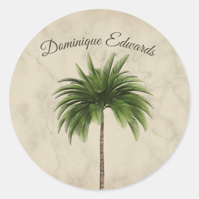 Pegatina Redonda Palm Tree Tropical Marble Personal elegante (Anverso)