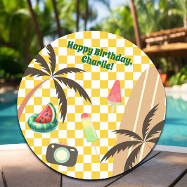 Pegatina Redonda Palm Trees Surfboard Checkered Summer Fiesta