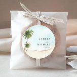 Pegatina Redonda Palm Trees Tropical Beach Destination Wedding<br><div class="desc">Celebra a tu boda con estos pegatinas,  con palmeras acuáticas y tu texto personalizado. Añade fácilmente tus propios detalles haciendo clic en la opción "personalizar".</div>