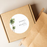 Pegatina Redonda Palm Trees Tropical Beach Destination Wedding<br><div class="desc">Celebra a tu boda con estos pegatinas,  con palmeras acuáticas y tu texto personalizado. Añade fácilmente tus propios detalles haciendo clic en la opción "personalizar".</div>