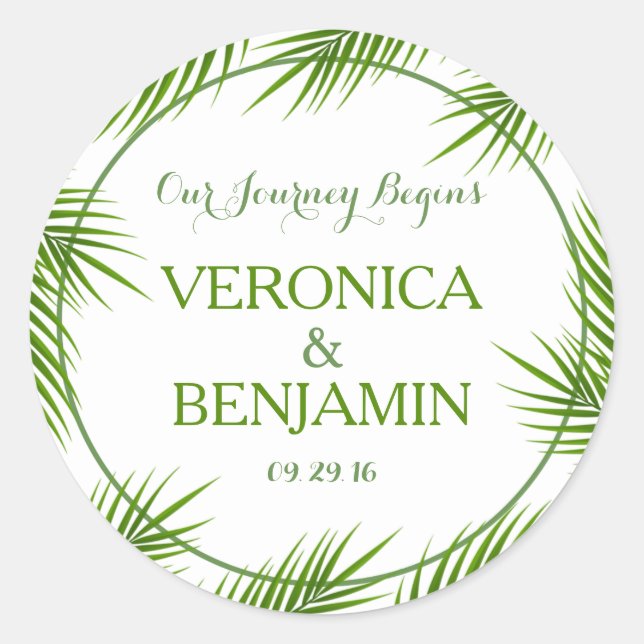 Pegatina Redonda Palm Tropical Sale Boda Playa (Anverso)
