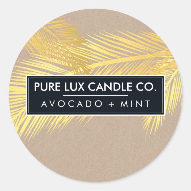 Pegatina Redonda PALMA TROPICAL DEJA un Relieve metalizado de oro f (Anverso)