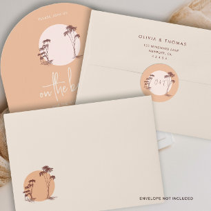 Pegatina Redonda Palmeras Arena Cálida Puesta de Sol Playa Boda