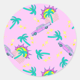 Pegatina Redonda palmeras retro rosadas y coche
