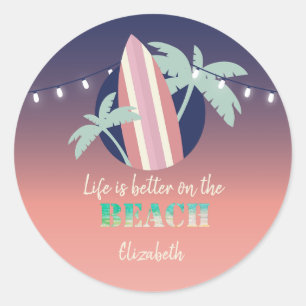 Pegatina Redonda Palmeras, Surfboard, String Lights Beach