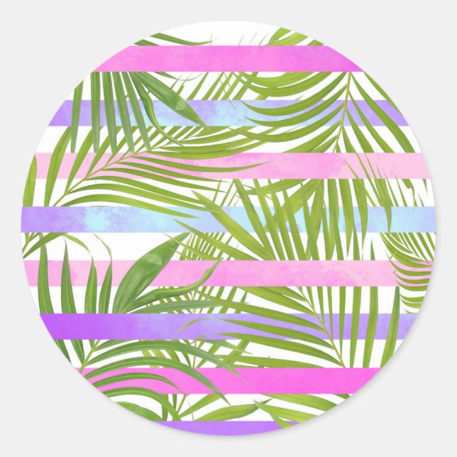 Pegatina Redonda Palmeras tropicales rayas violetas rosas modernas (Anverso)