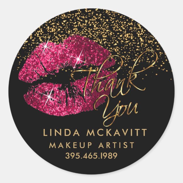 Pegatina Redonda Palo de labios del Purpurina rosado caliente 💋 Gr (Anverso)