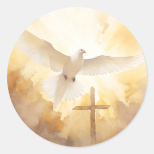 Pegatina Redonda Paloma Blanca Arte Cristiano Cruz Crucifijo 
