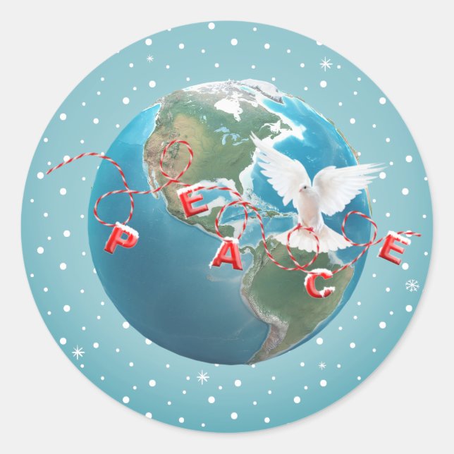 Pegatina Redonda Paloma blanca con texto de paz (Anverso)