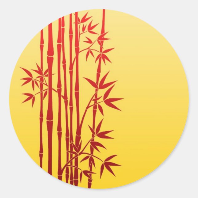 Pegatina Redonda Palos rojos de bambú con hojas en amarillo (Anverso)