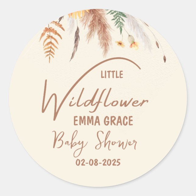 Pegatina Redonda Pampas Grass A Little Wilflower Baby Shower (Anverso)