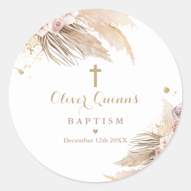 Pegatina Redonda Pampas Grass Bohemian Baptism Christening Favor (Anverso)