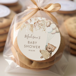 Pegatina Redonda Pampas Grass Boho Bear Baby Shower