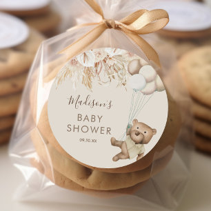 Pegatina Redonda Pampas Grass Boho Bear Baby Shower Classic Round S