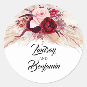 Pegatina Redonda Pampas Grass Burgundy Red Moderno Boda