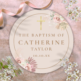 Pegatina Redonda Pampas Grass Floral Baptism Christening Favor