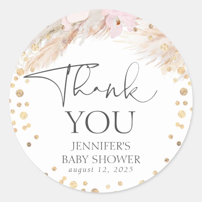 Pegatina Redonda Pampas Grass Gold Confetti Gracias (Anverso)