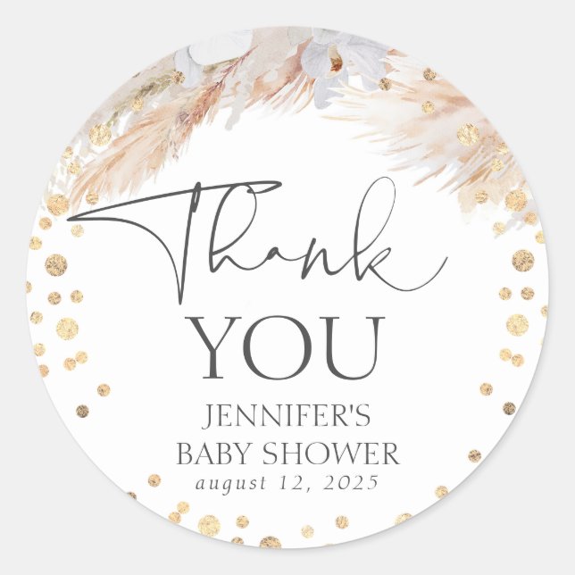 Pegatina Redonda Pampas Grass Gold Confetti Gracias (Anverso)
