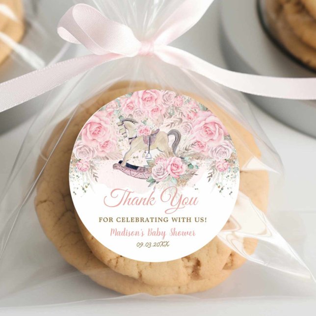 Pegatina Redonda Pampas Grass Pink Floral Rocke Horse Baby Shower (Subido por el creador)