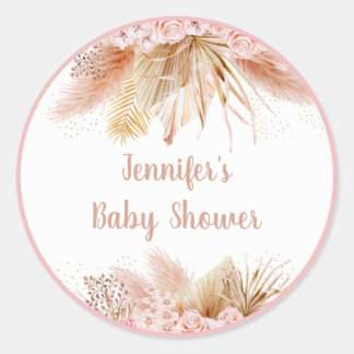 Pegatina Redonda Pampas Grass Pink Gold Floral Baby Shower