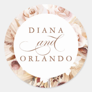 Pegatina Redonda Pampas Grass y Cream Flowers Boho Boda