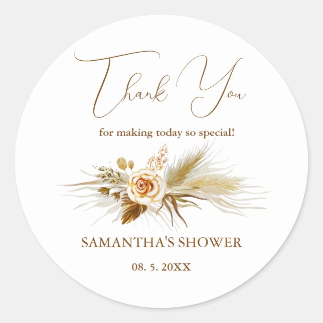 Pegatina Redonda Pampas hierba acuarela boho elegante Gracias (Anverso)