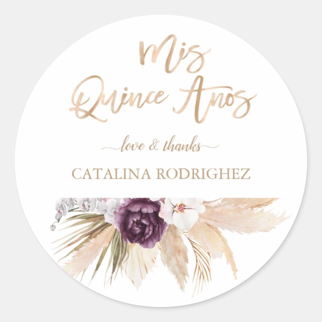Pegatina Redonda Pampas Rosa púrpura Orquídea Blanco Quinceañera (Anverso)