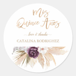Pegatina Redonda Pampas Rosa púrpura Orquídea Blanco Quinceañera