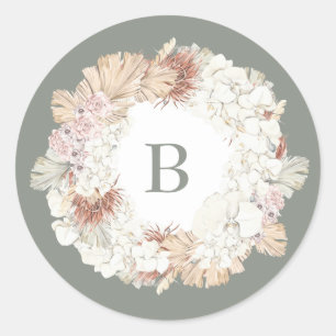 Pegatina Redonda Pampas Wreath Moss Sage Green Monograma simple