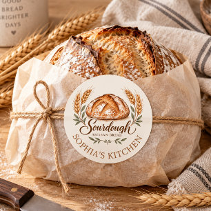 Pegatina Redonda Pan de Masa Madre Acuarela Rústica Panadería Caser