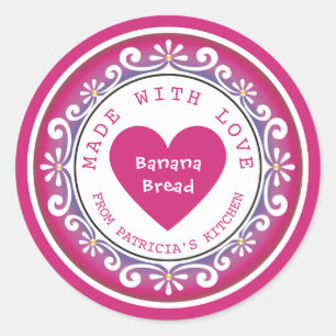 Pegatina Redonda Pan de plátano casero rosa hecho con amor