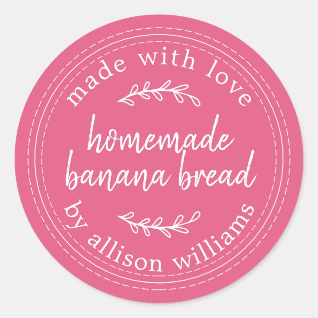 Pegatina Redonda Pan de Plátano Casero Rústico Rosa Fucsia (Anverso)