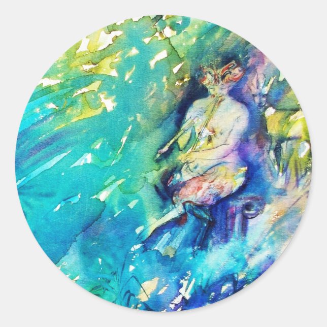 PEGATINA REDONDA PAN JUGANDO FLUTE Y CERVEZA EN TIERRA VERDE (Anverso)