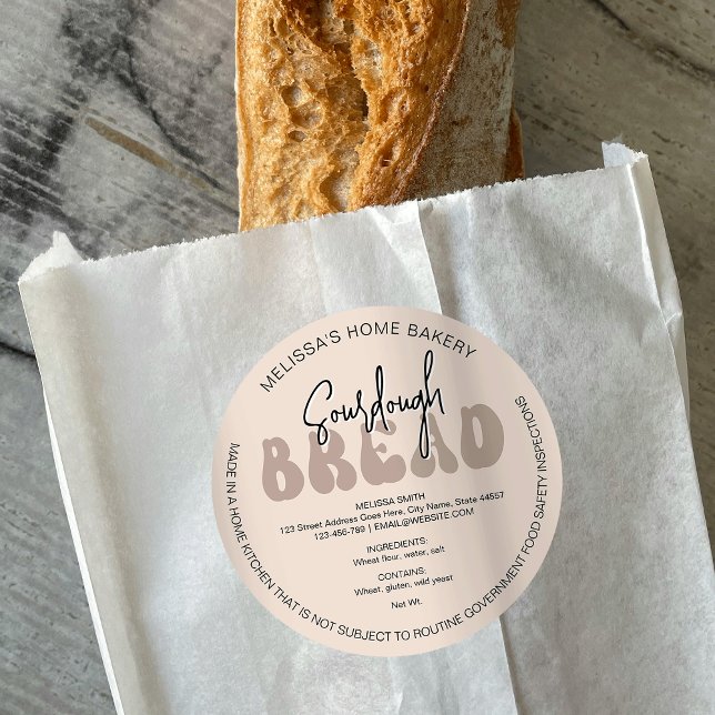 Pegatina Redonda Pan retro pekinés de pan moderno panadería de arte (Trendy beige bread baker packaging stickers with ingredients & your business name)