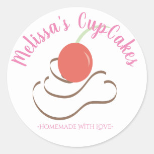 Pegatina Redonda Panadería Casera Remolino de Cereza CupCake