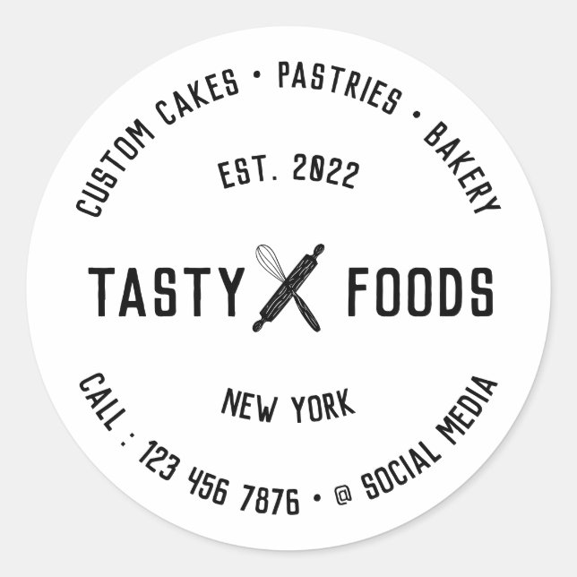 Pegatina Redonda Panadería Chef Dos Palabras Nombre Logo Alimentos (Anverso)