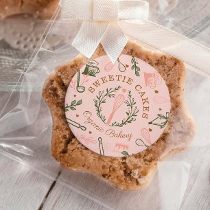 Pegatina Redonda Panadería con Utensil de horneado y cocción rosa y