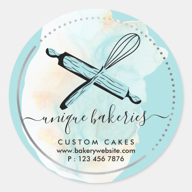 Pegatina Redonda Panadería de estaño de alfiler azul Whisk Pasteles (Anverso)