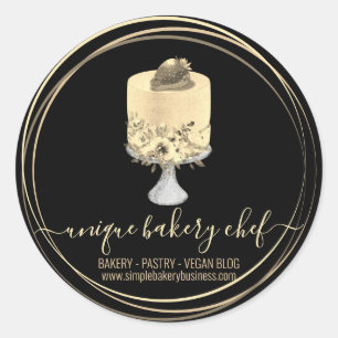 Pegatina Redonda Panadería de fresa de pastelería chef oro negro