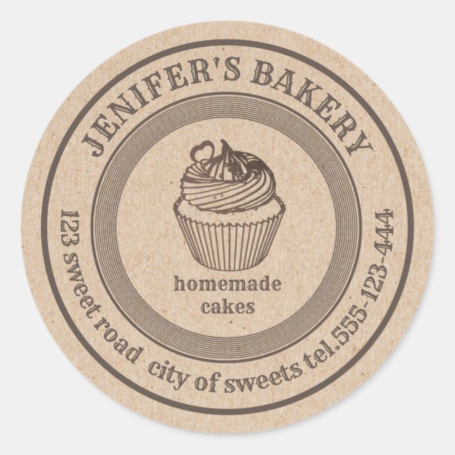 Pegatina Redonda Panadería de Kraft de época Panadería de quequitos (Anverso)