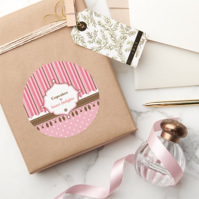 Pegatina Redonda Panadería de quequitos con puntos rosados de polka (Regalar)