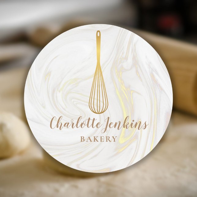 Pegatina Redonda Panadería Gold Whisk Patisserie Marble Swirls (Gold Whisk Bakery Patisserie Marble Swirls Classic Round Sticker)