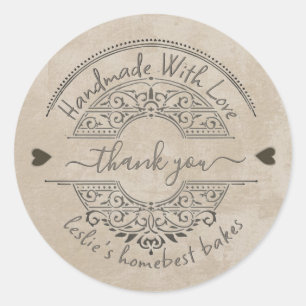 Pegatina Redonda Panadería Hecha En Casa Gracias Kraft Grunge Heart